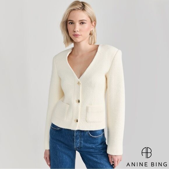 Anine Bing **NWT** Anitta V Neck Woven Jacket in Ivory / White / Cream - Picture 2 of 16